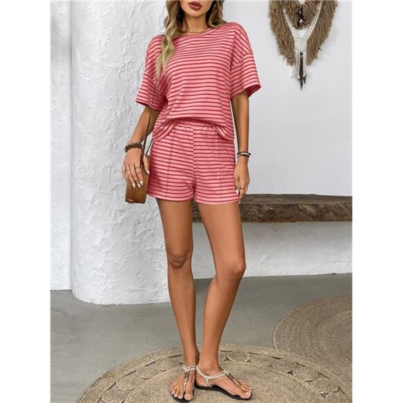 Striped Round Neck Short Sleeve Top and Shorts Set - Picture 9 of 16